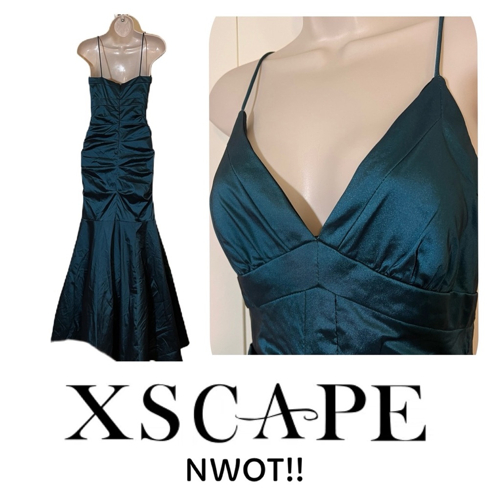 Xscape NEW Dark Teal Spaghetti-Strap Ruched Mermaid Gown